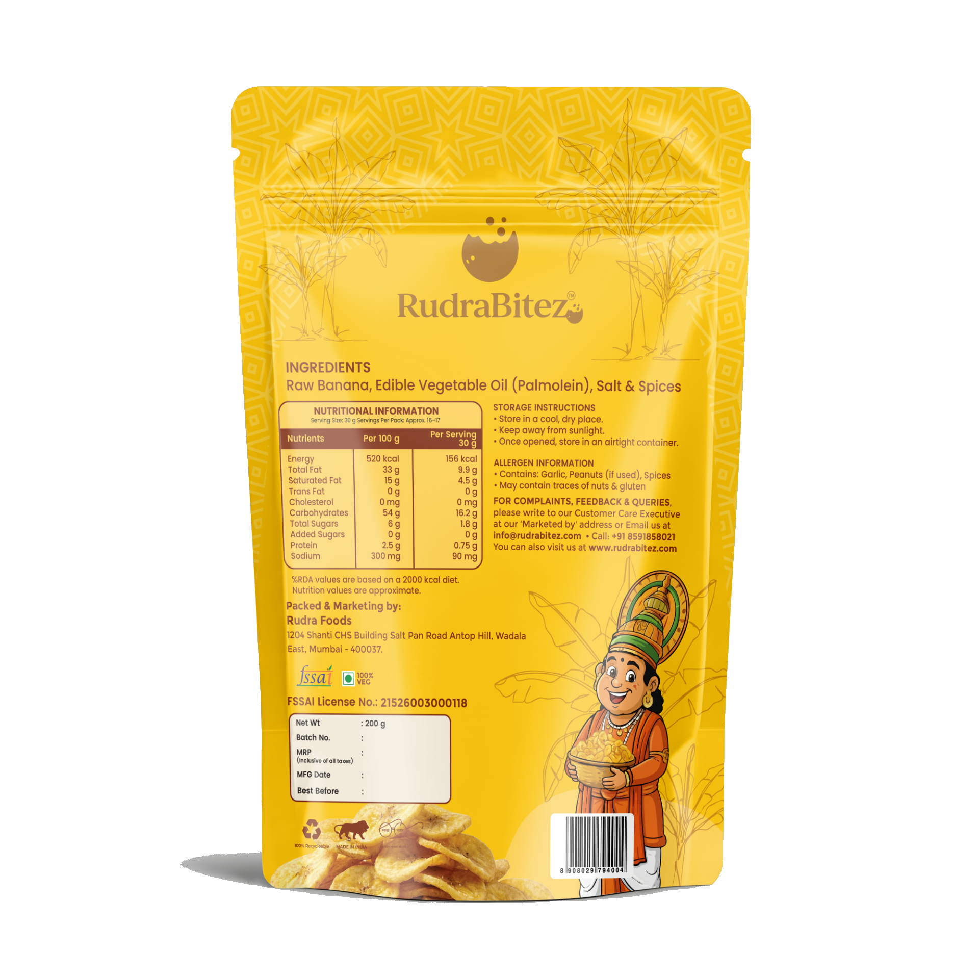 RudraBitez banana chips back pack nutrition information
